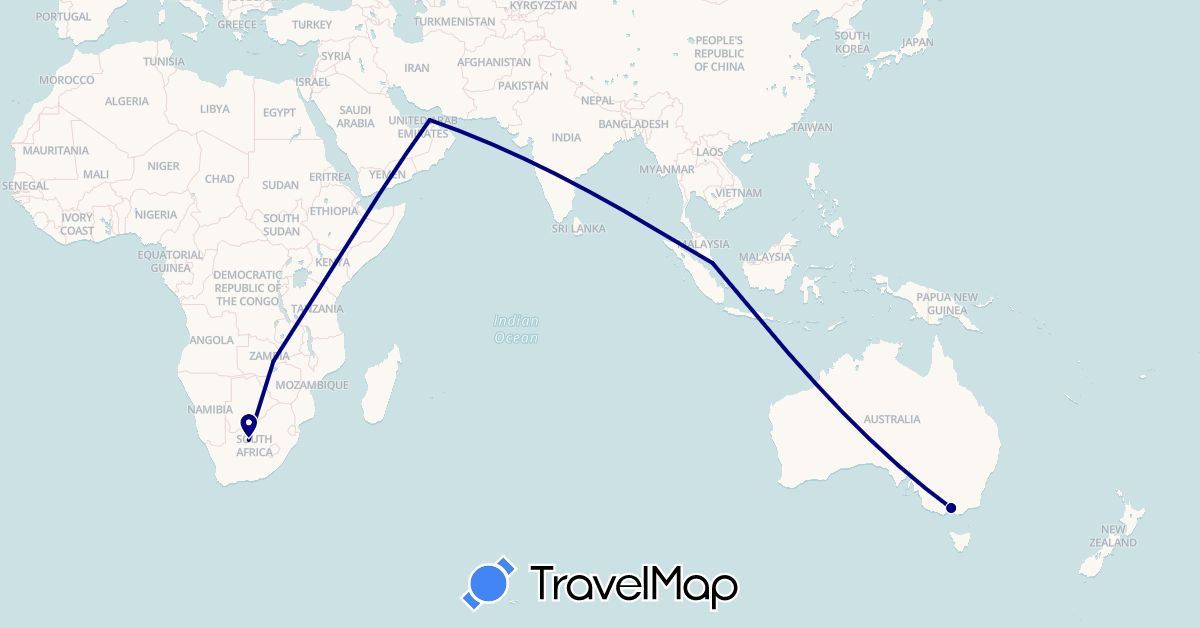 TravelMap itinerary: driving in United Arab Emirates, Australia, Singapore, South Africa, Zambia (Africa, Asia, Oceania)